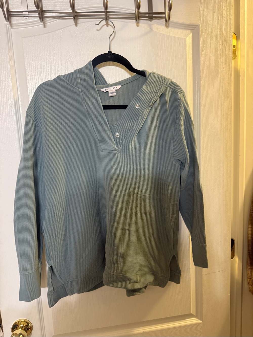 Athleta V-Neck Hooded Waffle Knit Sweater in Sage Green